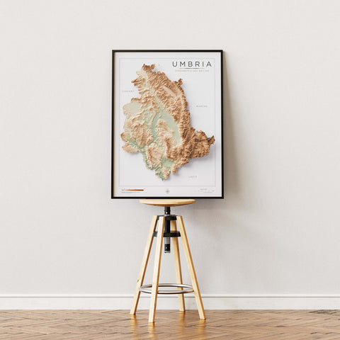 Umbria (Italy) geo shaded relief elevation map printed on fine art paper wall decor