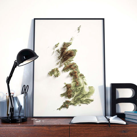 United Kingdom, Elevation tint - Geo, 2D printed shaded relief map with 3D effect of United Kingdom with geo hypsometric tint. Shop our beautiful fine art printed maps on supreme Cotton paper. Vintage maps digitally restored and enhanced with a 3D effect. VizCart from Vizart