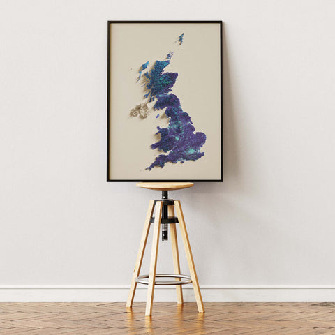 United Kingdom, Elevation tint - Viridis, 2D printed shaded relief map with 3D effect of United Kingdom with viridis hypsometric tint. Shop our beautiful fine art printed maps on supreme Cotton paper. Vintage maps digitally restored and enhanced with a 3D effect. VizCart from Vizart