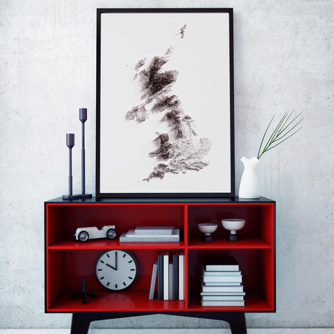United Kingdom, Elevation tint - White, 2D printed shaded relief map with 3D effect of United Kingdom with monochrome white tint. Shop our beautiful fine art printed maps on supreme Cotton paper. Vintage maps digitally restored and enhanced with a 3D effect. VizCart from Vizart
