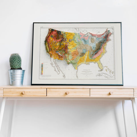 USA, Geological map - 1874, 2D printed shaded relief map with 3D effect of a 1874 geological map of United States of America. Shop our beautiful fine art printed maps on supreme Cotton paper. Vintage maps digitally restored and enhanced with a 3D effect. VizCart from Vizart