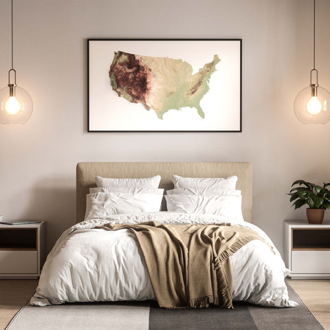 USA, Elevation tint - Geo, 2D printed shaded relief map with 3D effect of USA (Contiguous) with geo hypsometric tint. Shop our beautiful fine art printed maps on supreme Cotton paper. Vintage maps digitally restored and enhanced with a 3D effect. VizCart from Vizart