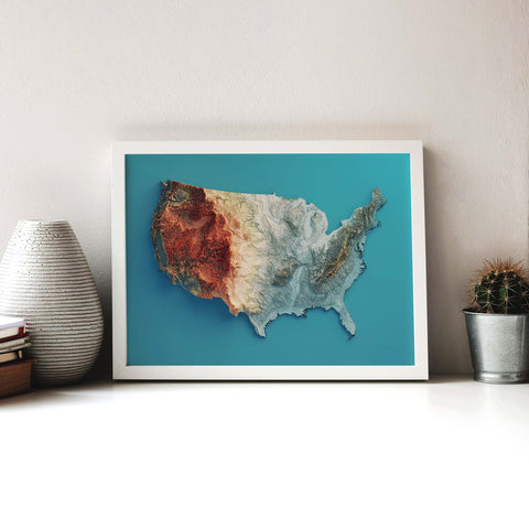 USA, Elevation tint - Spectral, 2D printed shaded relief map with 3D effect of USA (Contiguous) with spectral hypsometric tint. Shop our beautiful fine art printed maps on supreme Cotton paper. Vintage maps digitally restored and enhanced with a 3D effect. VizCart from Vizart