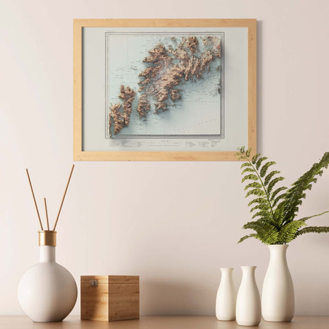 Vestvågøya (Lofoten Islands, Norway), Topographic map - 1907, 2D printed shaded relief map with 3D effect of a 1907 topographic map of Vestvagoya (Lofoten Islands, Norway). Shop our beautiful fine art printed maps on supreme Cotton paper. Vintage maps digitally restored and enhanced with a 3D effect. VizCart from Vizart