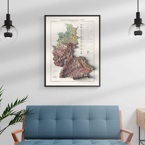 West Germany 1963 soil restored antique shaded relief map print on fine art paper wall decor