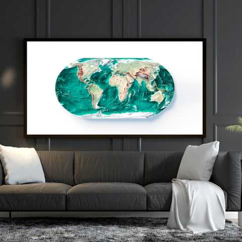 World Bathymetric, Elevation tint - Geo, 2D printed shaded relief map with 3D effect of World with geo hypsometric tint. Shop our beautiful fine art printed maps on supreme Cotton paper. Vintage maps digitally restored and enhanced with a 3D effect. VizCart from Vizart