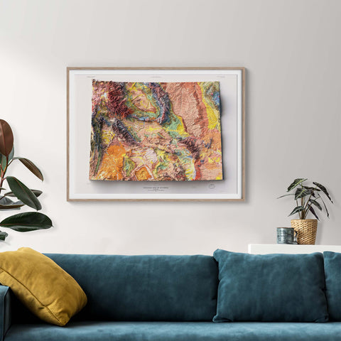 Wyoming (USA), Geological map - 1985, 2D printed shaded relief map with 3D effect of a 1985 geological map of Wyoming (USA). Shop our beautiful fine art printed maps on supreme Cotton paper. Vintage maps digitally restored and enhanced with a 3D effect. VizCart from Vizart