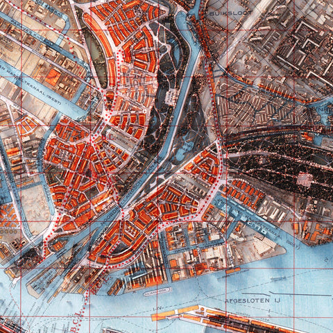 Amsterdam (The Netherlands), City map - 1914, 2D printed shaded relief map with 3D effect of a 1914 city map of Amsterdam. Shop our beautiful fine art printed maps on supreme Cotton paper. Vintage maps digitally restored and enhanced with a 3D effect. VizCart from Vizart