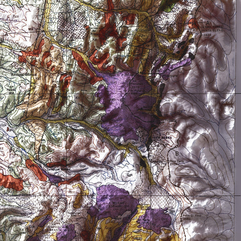 Alta Cordillera de los Andes (Chile), Geological map - 1964, 2D printed shaded relief map with 3D effect of a 1964 geological map of Andes (Alta Cordillera de los Andes, Chile). Shop our beautiful fine art printed maps on supreme Cotton paper. Vintage maps digitally restored and enhanced with a 3D effect. VizCart from Vizart