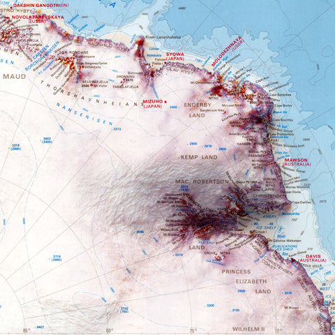 Antarctica, Topographic map - 1986, 2D printed shaded relief map with 3D effect of a 1986 topographic map of Antarctica, with McDonald Islands and Heard Island and Macquarie Island inset. Shop our beautiful fine art printed maps on supreme Cotton paper. Vintage maps digitally restored and enhanced with a 3D effect. VizCart from Vizart
