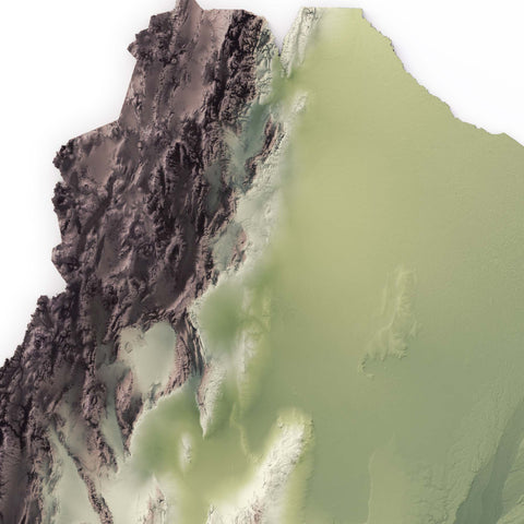 Argentina, Elevation tint - Geo, 2D printed shaded relief map with 3D effect of Argentina with geo tint. Shop our beautiful fine art printed maps on supreme Cotton paper. Vintage maps digitally restored and enhanced with a 3D effect. VizCart from Vizart