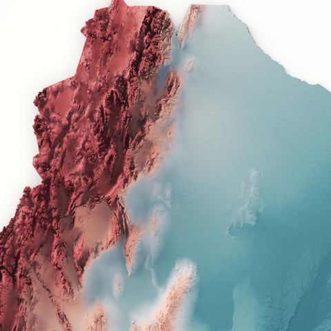 Argentina, Elevation tint - Irid, 2D printed shaded relief map with 3D effect of Argentina with irid tint. Shop our beautiful fine art printed maps on supreme Cotton paper. Vintage maps digitally restored and enhanced with a 3D effect. VizCart from Vizart