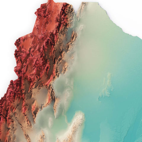 Argentina, Elevation tint - Spectral, 2D printed shaded relief map with 3D effect of Argentina with spectral tint. Shop our beautiful fine art printed maps on supreme Cotton paper. Vintage maps digitally restored and enhanced with a 3D effect. VizCart from Vizart