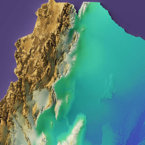 Argentina, Elevation tint - Viridis, 2D printed shaded relief map with 3D effect of Argentina with viridis tint. Shop our beautiful fine art printed maps on supreme Cotton paper. Vintage maps digitally restored and enhanced with a 3D effect. VizCart from Vizart