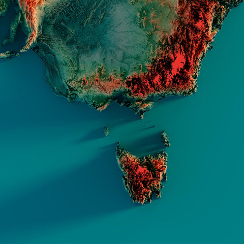 Australia, Elevation tint - Spectral, 2D printed shaded relief map with 3D effect of Australia with spectral hypsometric tint. Shop our beautiful fine art printed maps on supreme Cotton paper. Vintage maps digitally restored and enhanced with a 3D effect. VizCart from Vizart