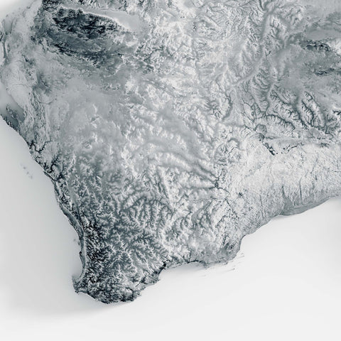 Australia, Elevation tint - White, 2D printed shaded relief map with 3D effect of Australia with white hypsometric tint. Shop our beautiful fine art printed maps on supreme Cotton paper. Vintage maps digitally restored and enhanced with a 3D effect. VizCart from Vizart