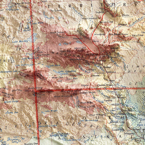 Australia, Topographic map - 1967, 2D printed shaded relief map with 3D effect of a 1967 topographic map of Australia. Shop our beautiful fine art printed maps on supreme Cotton paper. Vintage maps digitally restored and enhanced with a 3D effect. VizCart from Vizart