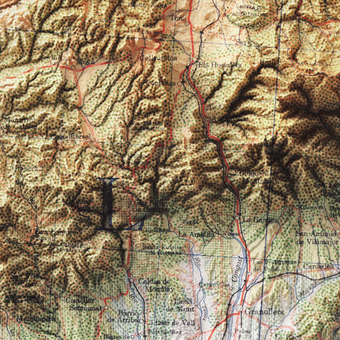 Barcelona (Spain), Topographic map - 1944, 2D printed shaded relief map with 3D effect of a 1944 topographic map of Barcelona (Spain). Shop our beautiful fine art printed maps on supreme Cotton paper. Vintage maps digitally restored and enhanced with a 3D effect. VizCart from Vizart
