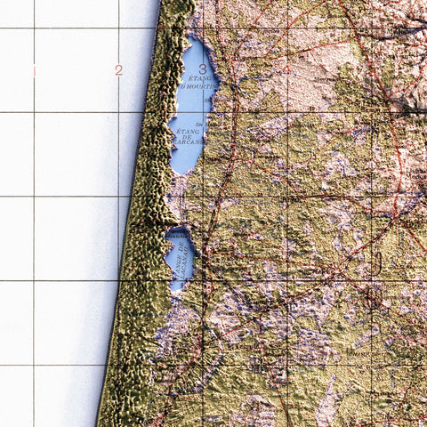 Bordeaux (France), Topographic map - 1943, 2D printed shaded relief map with 3D effect of a 1943 topographic map of Bordeaux (France). Shop our beautiful fine art printed maps on supreme Cotton paper. Vintage maps digitally restored and enhanced with a 3D effect. VizCart from Vizart