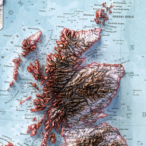 British-Irish Isles, Topographic map - 1911, 2D printed shaded relief map with 3D effect of a 1911 topographic map of Britain and Ireland (British-Irish Isles). Shop our beautiful fine art printed maps on supreme Cotton paper. Vintage maps digitally restored and enhanced with a 3D effect. VizCart from Vizart