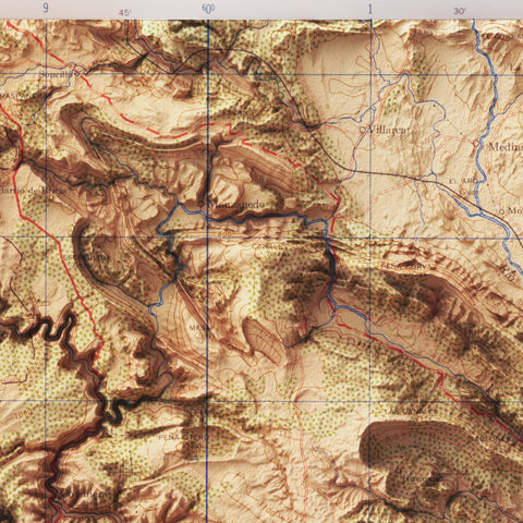 Burgos (Spain), Topographic map - 1944, 2D printed shaded relief map with 3D effect of a 1944 topographic map of Burgos (Spain). Shop our beautiful fine art printed maps on supreme Cotton paper. Vintage maps digitally restored and enhanced with a 3D effect. VizCart from Vizart
