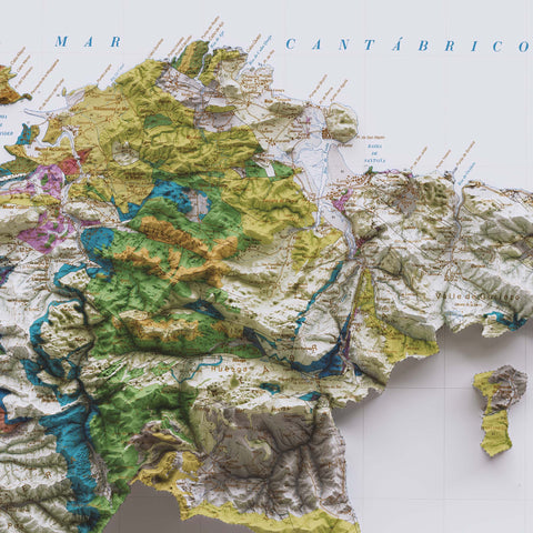 Cantabria (Spain), Geological map - 1989, 2D printed shaded relief map with 3D effect of a 1989 geologic map of Cantabria (Spain). Shop our beautiful fine art printed maps on supreme Cotton paper. Vintage maps digitally restored and enhanced with a 3D effect. VizCart from Vizart