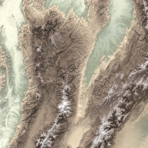 Colombia, Elevation tint - Geo, 2D printed shaded relief map with 3D effect of Colombia with geo tint. Shop our beautiful fine art printed maps on supreme Cotton paper. Vintage maps digitally restored and enhanced with a 3D effect. VizCart from Vizart