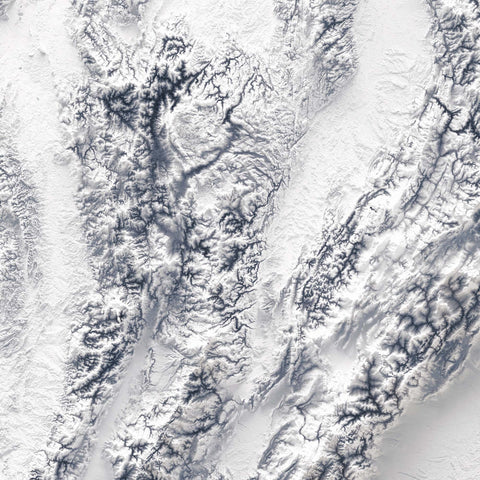 Colombia, Elevation tint - White, 2D printed shaded relief map with 3D effect of Colombia with white tint. Shop our beautiful fine art printed maps on supreme Cotton paper. Vintage maps digitally restored and enhanced with a 3D effect. VizCart from Vizart