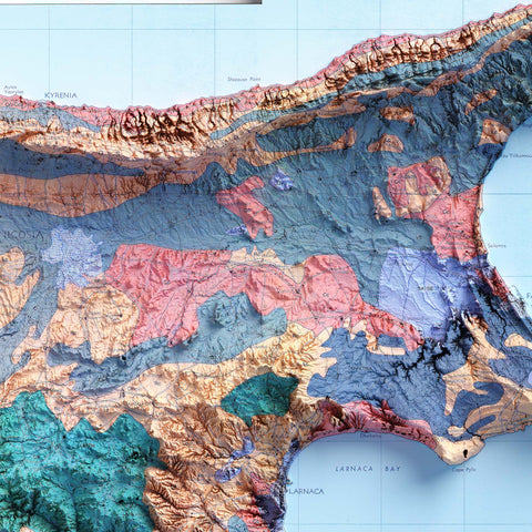 Cyprus, Soil map - 1987, 2D printed shaded relief map with 3D effect of a 1987 soil map of Cyprus. Shop our beautiful fine art printed maps on supreme Cotton paper. Vintage maps digitally restored and enhanced with a 3D effect. VizCart from Vizart