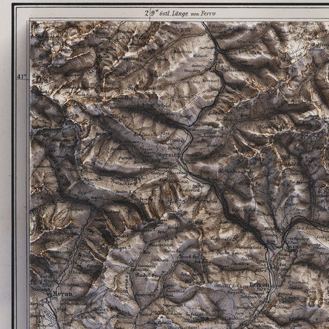 Dolomites (Italy), Topographic map - 1880, 2D printed shaded relief map with 3D effect of a 1880 topographic map of Dolomites (Italy). Shop our beautiful fine art printed maps on supreme Cotton paper. Vintage maps digitally restored and enhanced with a 3D effect. VizCart from Vizart