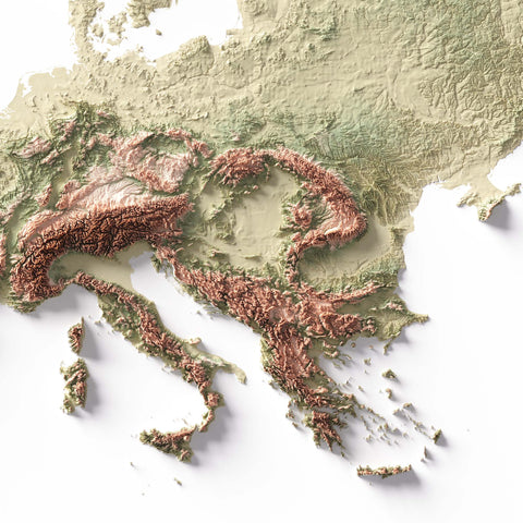 Europe, Elevation tint - Geo, 2D printed shaded relief map with 3D effect of Europe with geo hypsometric tint. Shop our beautiful fine art printed maps on supreme Cotton paper. Vintage maps digitally restored and enhanced with a 3D effect., VizCart from Vizart