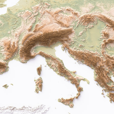 Europe geo shaded relief elevation map printed on fine art paper close-up