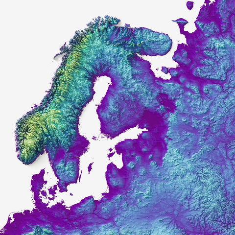 Europe, Elevation tint - Viridis, 2D printed shaded relief map with 3D effect of Europe with viridis hypsometric tint. Shop our beautiful fine art printed maps on supreme Cotton paper. Vintage maps digitally restored and enhanced with a 3D effect. VizCart from Vizart