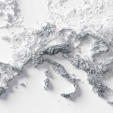 Europe, Elevation tint - White, 2D printed shaded relief map with 3D effect of Europe with monochrome hypsometric tint. Shop our beautiful fine art printed maps on supreme Cotton paper. Vintage maps digitally restored and enhanced with a 3D effect., VizCart from Vizart