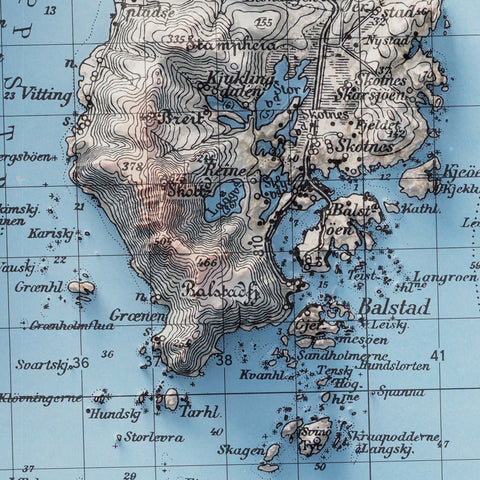Flakstad (Lofoten Islands, Norway), Topographic map - 1952, 2D printed shaded relief map with 3D effect of a 1952 topographic map of Flakstad (Lofoten Islands, Norway). Shop our beautiful fine art printed maps on supreme Cotton paper. Vintage maps digitally restored and enhanced with a 3D effect. VizCart from Vizart