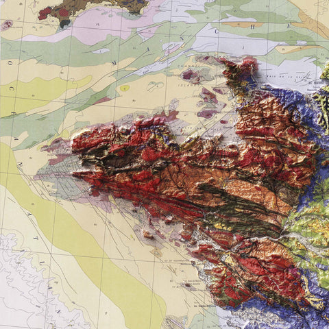 France, Geological map - 1980, 2D printed shaded relief map with 3D effect of a 1980 geological map of France. Shop our beautiful fine art printed maps on supreme Cotton paper. Vintage maps digitally restored and enhanced with a 3D effect. VizCart from Vizart