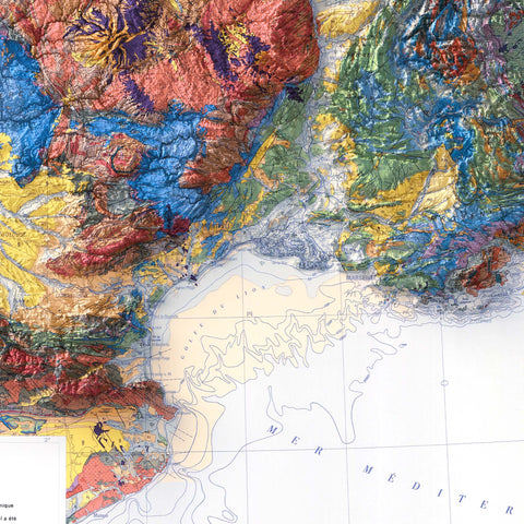 France 1980 geological restored antique shaded relief map print on fine art paper close-up