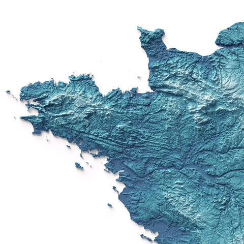 France, Elevation tint - Deep Blue, 2D printed shaded relief map with 3D effect of France with deep blue elevation tint. Shop our beautiful fine art printed maps on supreme Cotton paper. Vintage maps digitally restored and enhanced with a 3D effect. VizCart from Vizart