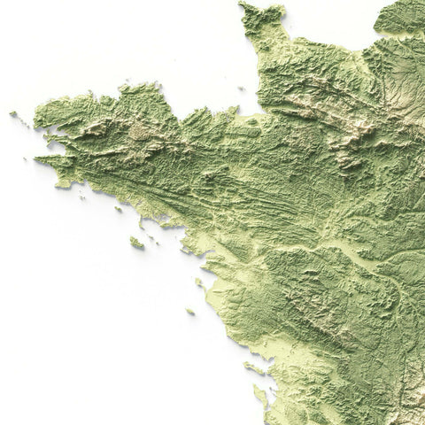 France, Elevation tint - Geo, 2D printed shaded relief map with 3D effect of France with geo elevation tint. Shop our beautiful fine art printed maps on supreme Cotton paper. Vintage maps digitally restored and enhanced with a 3D effect. VizCart from Vizart
