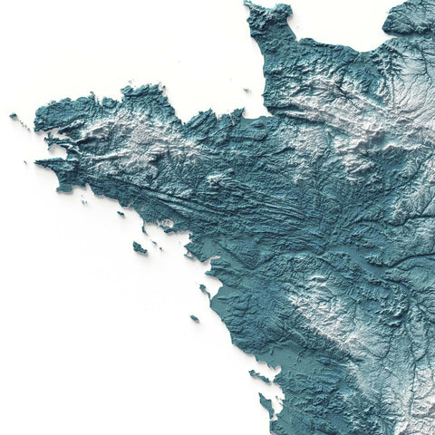 France, Elevation tint - Irid, 2D printed shaded relief map with 3D effect of France with irid elevation tint. Shop our beautiful fine art printed maps on supreme Cotton paper. Vintage maps digitally restored and enhanced with a 3D effect. VizCart from Vizart