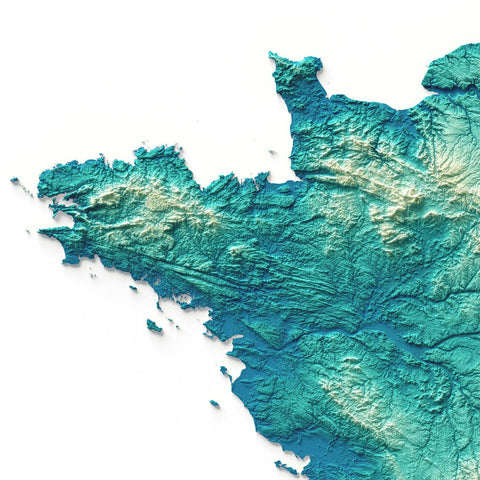 France, Elevation tint - Spectral, 2D printed shaded relief map with 3D effect of France with spectral elevation tint. Shop our beautiful fine art printed maps on supreme Cotton paper. Vintage maps digitally restored and enhanced with a 3D effect. VizCart from Vizart