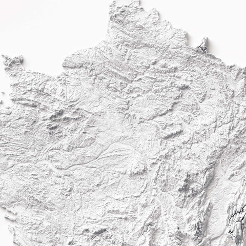 France, Elevation tint - White, 2D printed shaded relief map with 3D effect of France with monochrome white tint. Shop our beautiful fine art printed maps on supreme Cotton paper. Vintage maps digitally restored and enhanced with a 3D effect. VizCart from Vizart