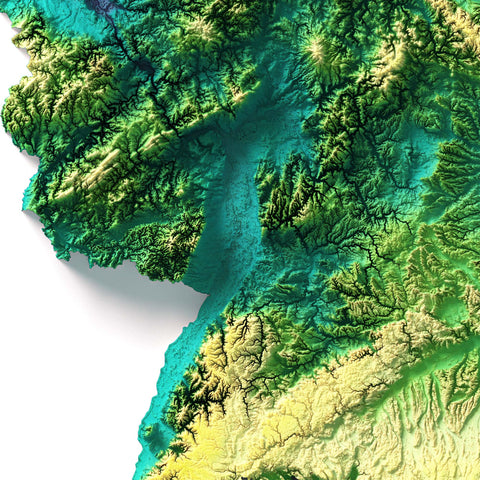 Germany, Elevation tint - Viridis, 2D printed shaded relief map with 3D effect of Germany with viridis elevation tint. Shop our beautiful fine art printed maps on supreme Cotton paper. Vintage maps digitally restored and enhanced with a 3D effect. VizCart from Vizart