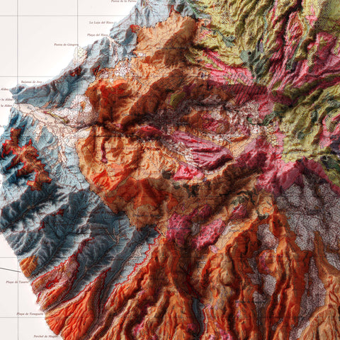 Gran Canaria (Spain), Geological map - 1990, 2D printed shaded relief map with 3D effect of a 1944 topographic map of Gran Canaria (Spain). Shop our beautiful fine art printed maps on supreme Cotton paper. Vintage maps digitally restored and enhanced with a 3D effect. VizCart from Vizart