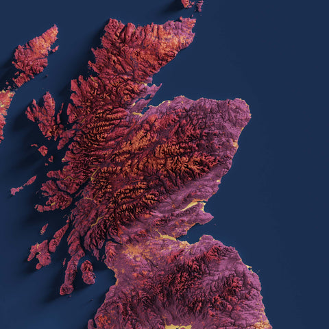 Great Britain (UK), Elevation tint - Magma, 2D printed shaded relief map with 3D effect of Great Britain with magma hypsometric tint. Shop our beautiful fine art printed maps on supreme Cotton paper. Vintage maps digitally restored and enhanced with a 3D effect. VizCart from Vizart