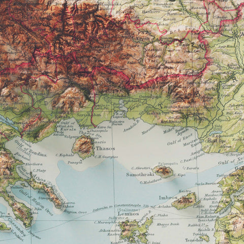 Greece, Topographic map - 1922, 2D printed shaded relief map with 3D effect of a 1922 topographic map of Greece. Shop our beautiful fine art printed maps on supreme Cotton paper. Vintage maps digitally restored and enhanced with a 3D effect. VizCart from Vizart
