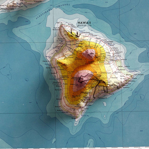 Hawaii (USA), Topographic map - 1974, 2D printed shaded relief map with 3D effect of a 1974 topographic map of Hawaii (USA). Shop our beautiful fine art printed maps on supreme Cotton paper. Vintage maps digitally restored and enhanced with a 3D effect. VizCart from Vizart