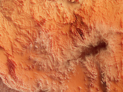 Hoggar (Algeria), Elevation tint - Red, 2D printed shaded relief map with 3D effect of Hoggar mountains (Algeria) with red hypsometric tint. Shop our beautiful fine art printed maps on supreme Cotton paper. Vintage maps digitally restored and enhanced with a 3D effect., VizCart from Vizart
