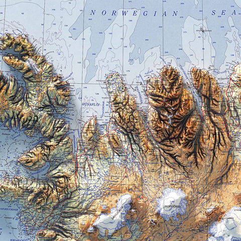 Iceland, Topographic map - 1952, 2D printed shaded relief map with 3D effect of a 1952 topographic map of Iceland. Shop our beautiful fine art printed maps on supreme Cotton paper. Vintage maps digitally restored and enhanced with a 3D effect. VizCart from Vizart