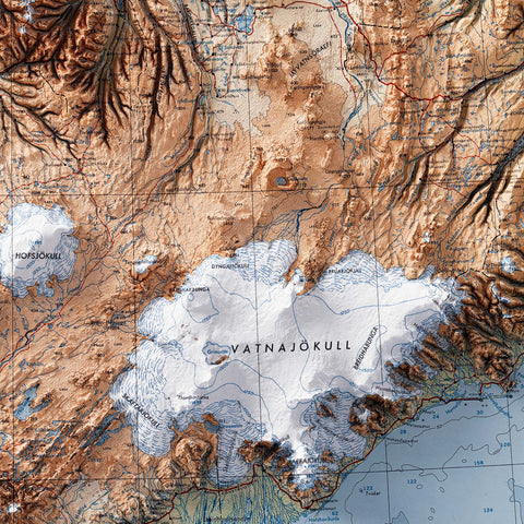 Iceland 1952 topographic restored antique shaded relief map print on fine art paper close-up